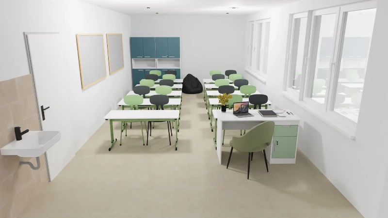 Moderná školská trieda so stoličkami Colores a skriňami Grande